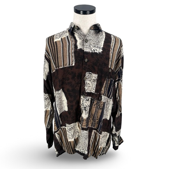 Lorenzini Italy Other - Vintage Lorenzini Button Down Shirt Men XL Brown Gray Abstract Patchwork Viscose